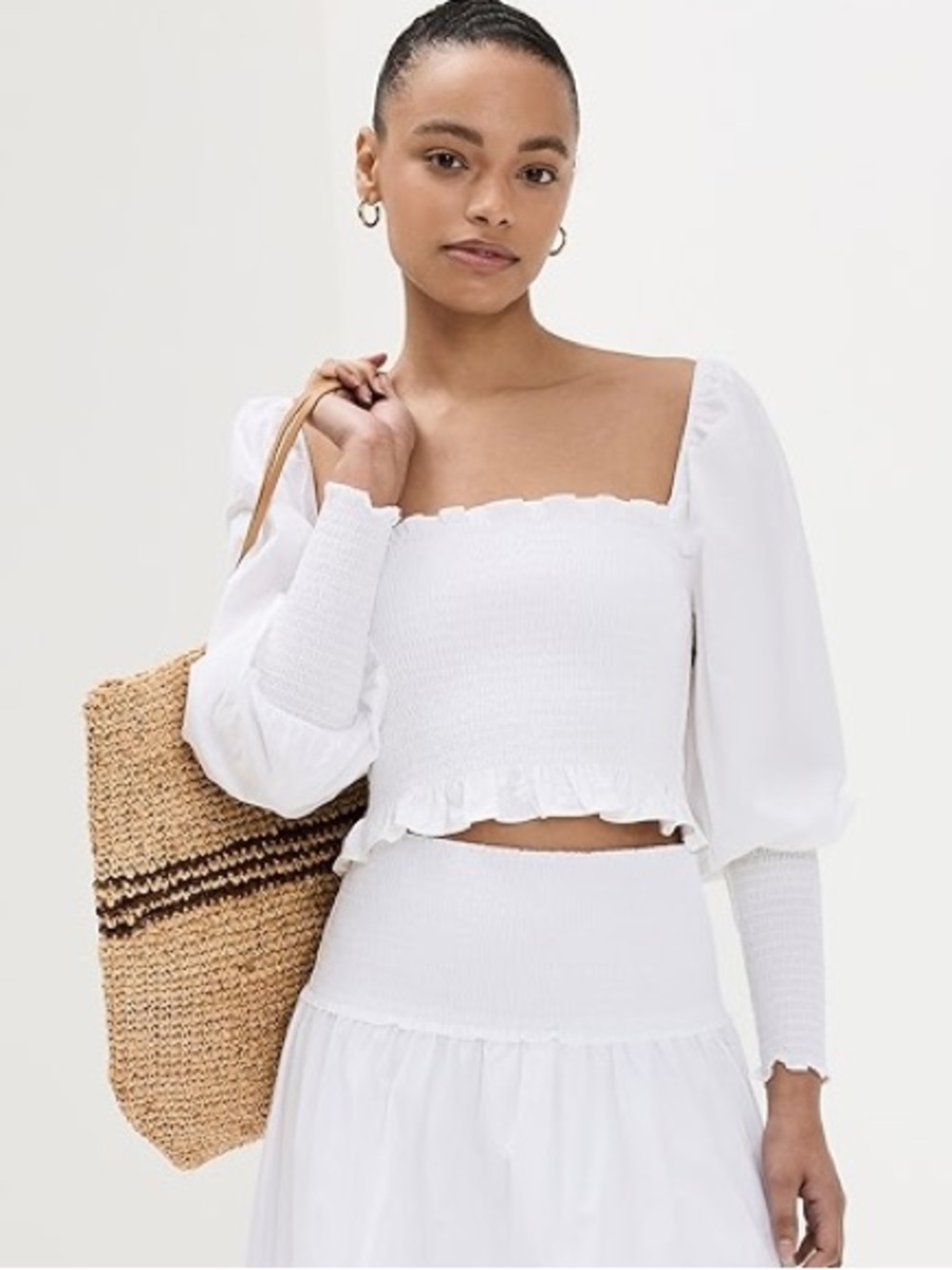 Hill House Home The Grace Nap Top White Smocked Square Neck Puff Sleeve Medium